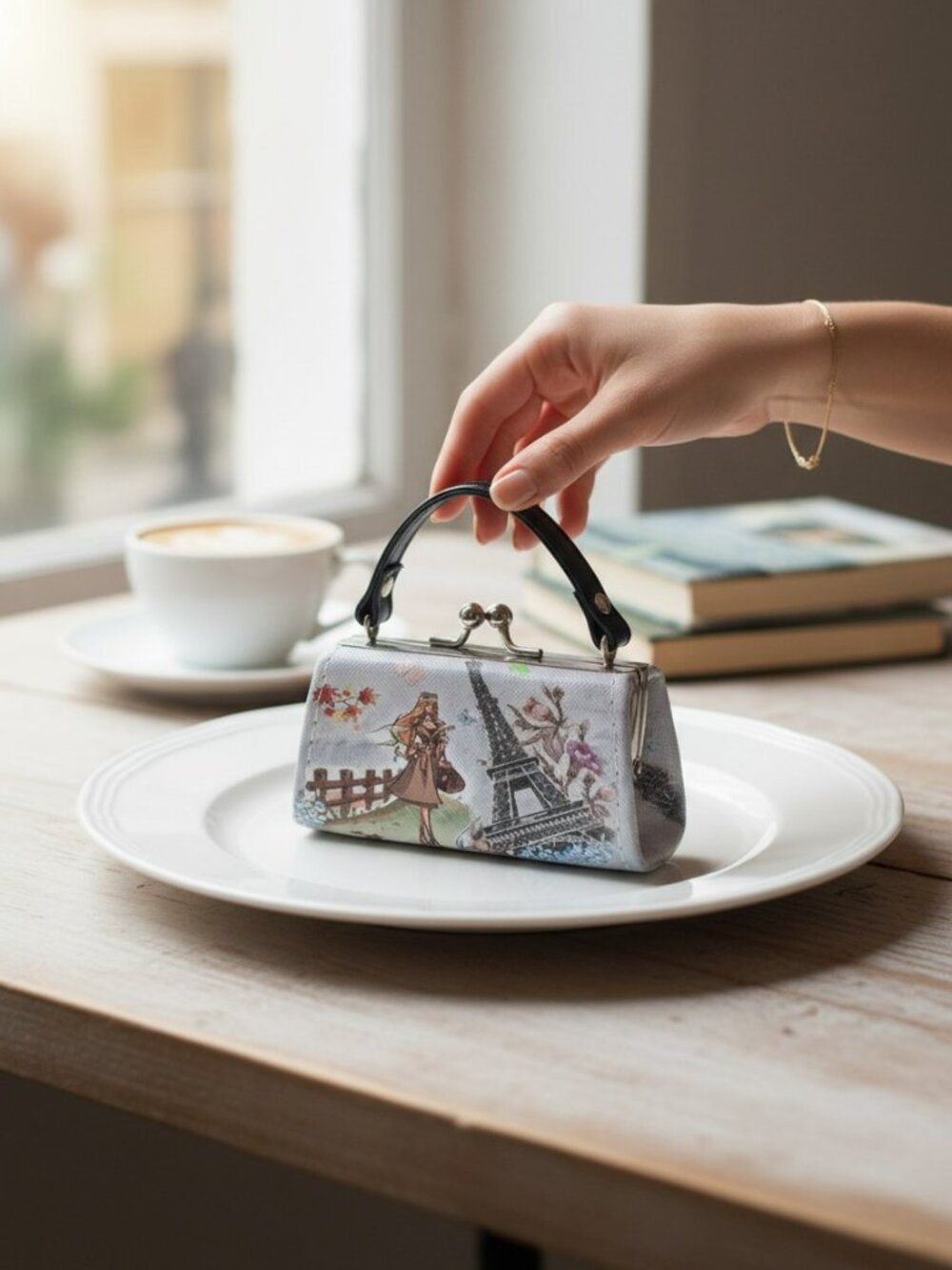 Mini Coin Purse with Girl at the Eiffel Tower in Paris - Snap Closure & Handle -